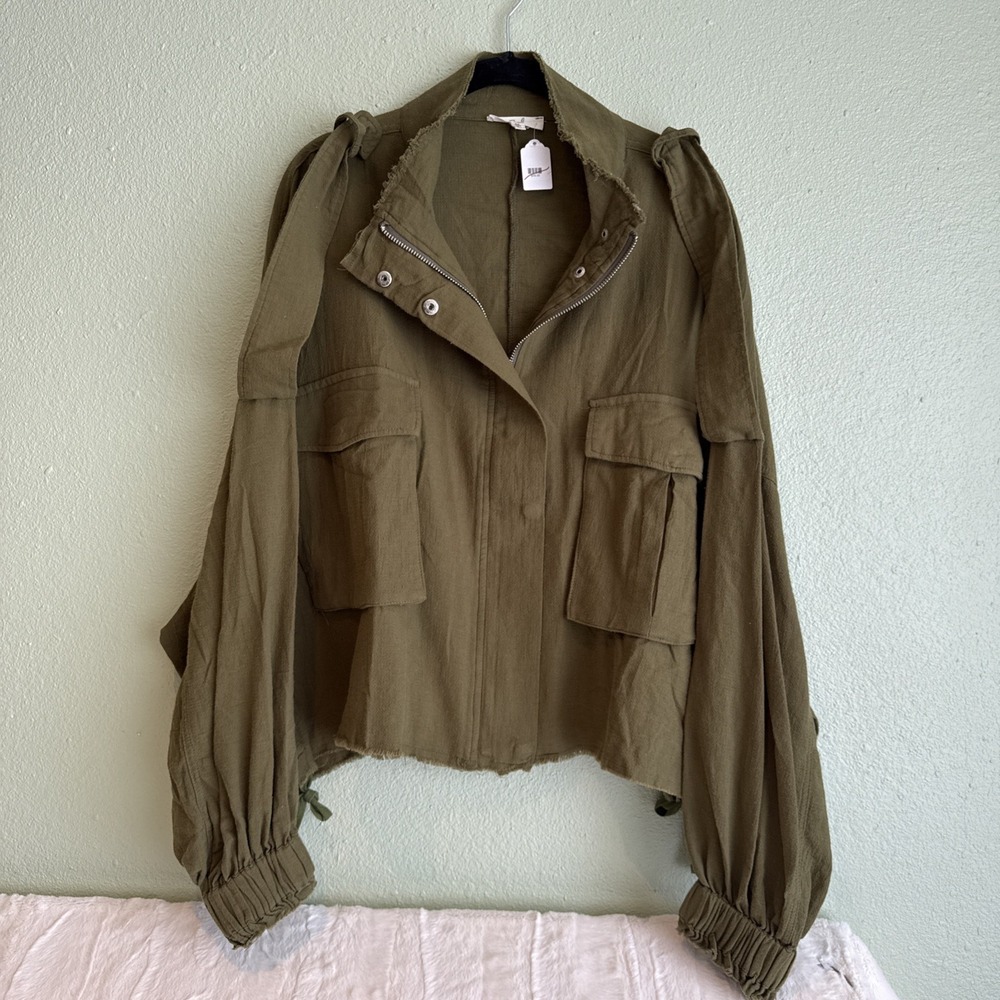 Easel Olive Green Cotton Zip Up, Snap Flap Moto Jacket Military,Fairy Grunge M